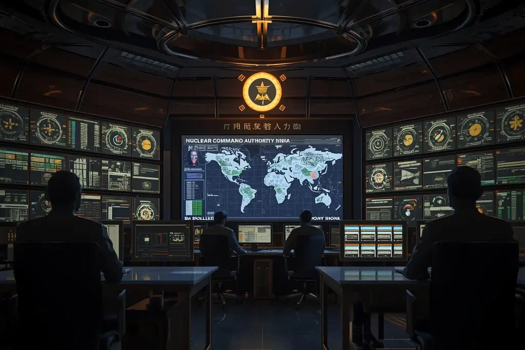Realistic image of Indian security officials in a strategic control room, symbolizing the No First Use doctrine India and its responsible nuclear stance.