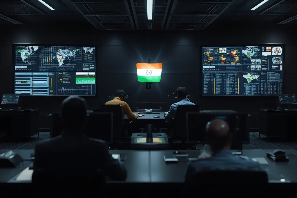 High-tech command center displaying missile tracking screens and maps, representing India nuclear deterrence strategy and national security planning.