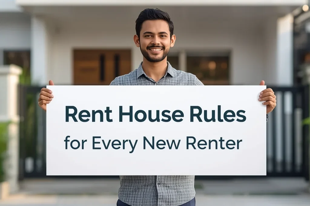 Landlord holding banner outside a rental house reading “Rent House Rules for Every New Renter” — modern house exterior, welcoming setting, rent rules awareness