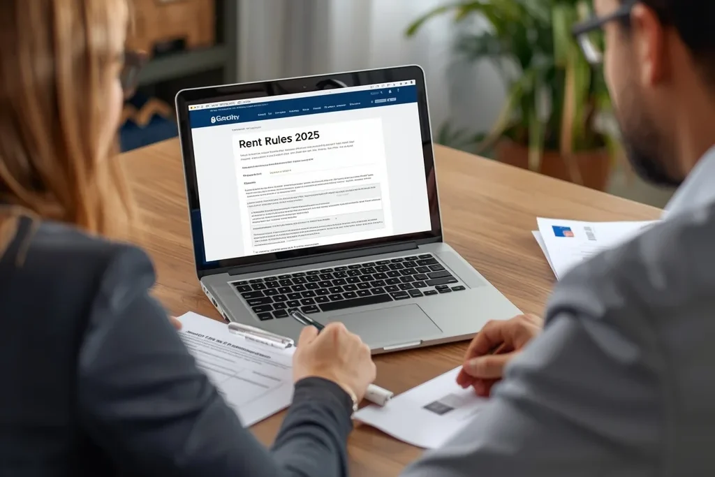 Tenant and landlord completing an online rent agreement on a laptop under Rent Rules 2025 in a modern home setting.
