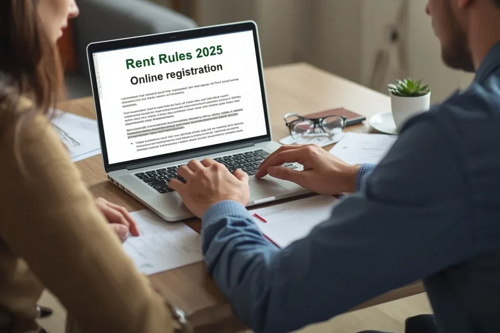Digital rent registration process shown on a laptop as tenant and landlord review documents under new rental laws.
