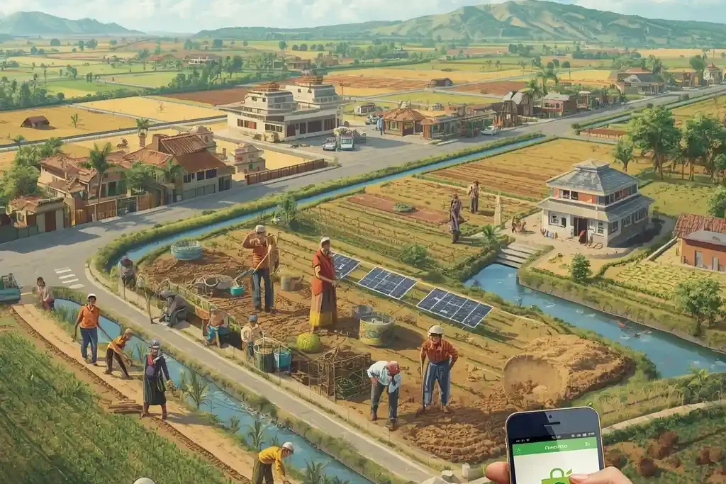 New rural job scheme law showing skilled workers and improved infrastructure in Indian villages