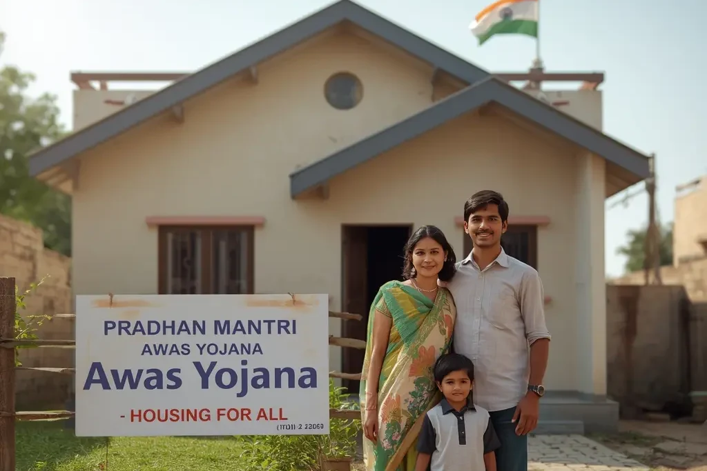 Pradhan Mantri Awas Yojana Online Apply – Indian family standing in front of newly built affordable house under PMAY scheme.