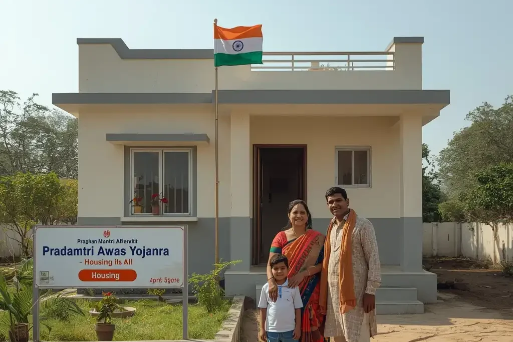 PMAY Application Form 2026 – Beneficiary family receiving new house under Pradhan Mantri Awas Yojana housing scheme.