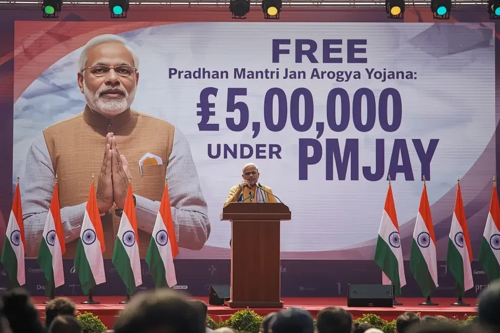 Narendra Modi promoting Ayushman Card Apply Online under PMJAY scheme.