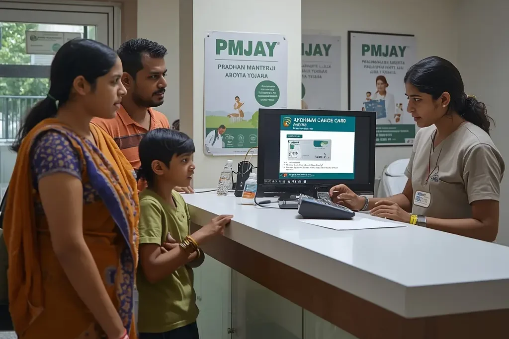 Hospital staff helping family with Ayushman Card Apply Online registration under PMJAY.