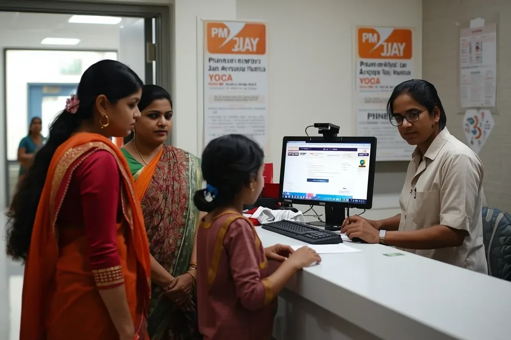 Indian family checking Ayushman Card eligibility and applying online at hospital help desk.