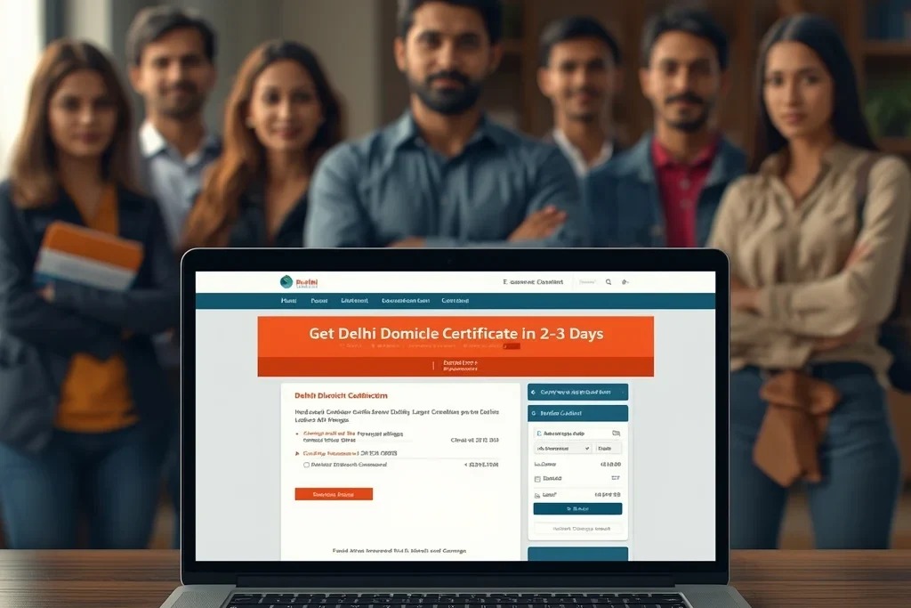 Delhi domicile certificate apply online through Delhi e-District portal with residents in background.