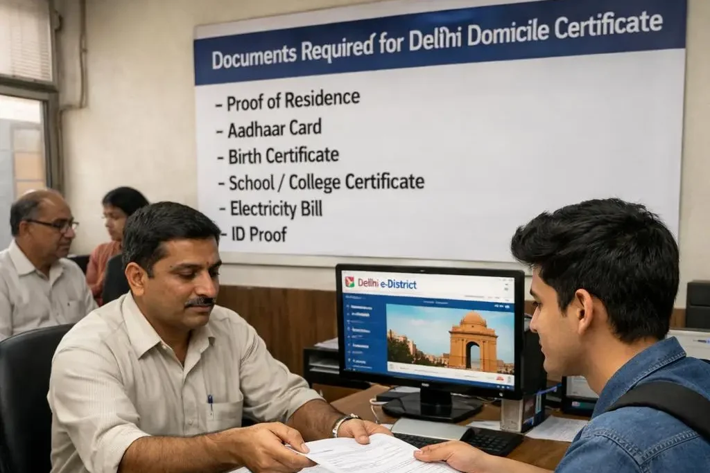 Student submitting documents for Delhi domicile certificate online application process at district office