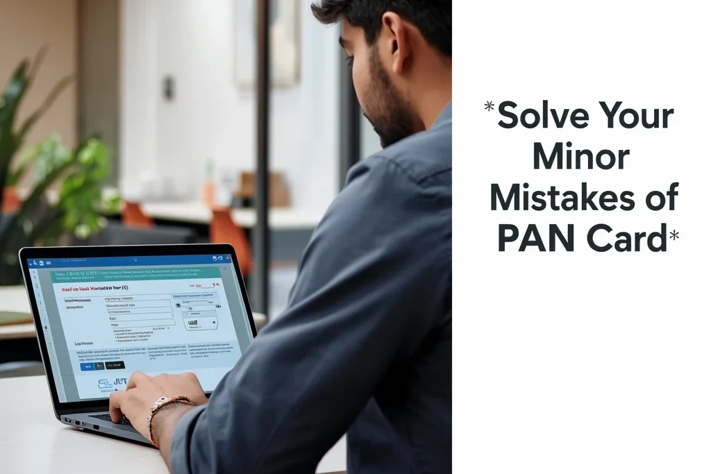 PAN Card Correction Online process on NSDL portal – person updating PAN details on laptop.
