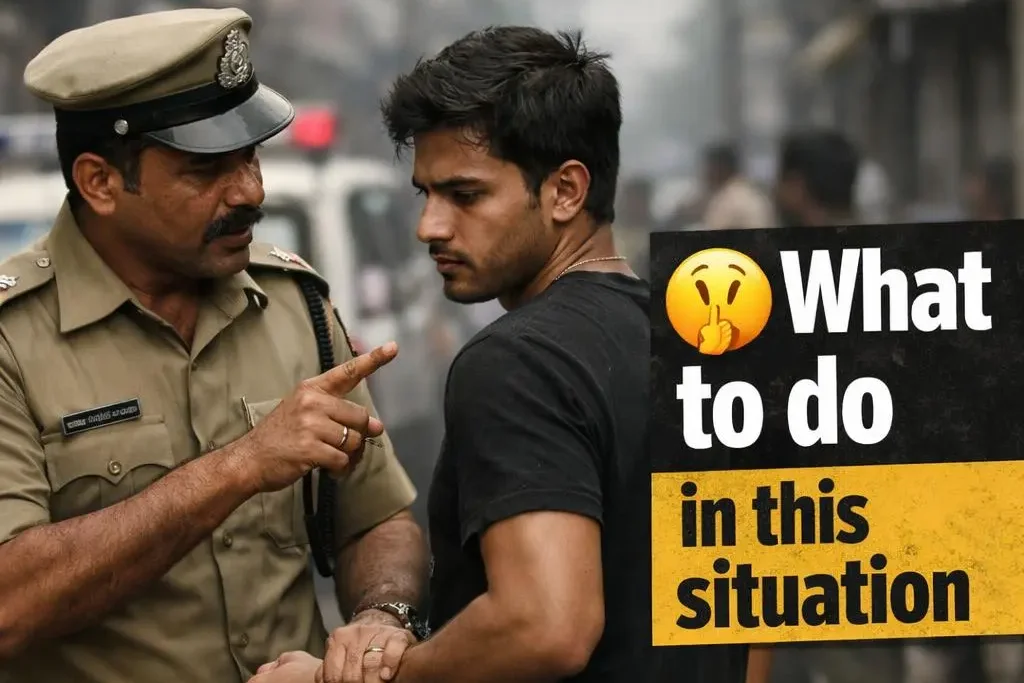 Indian police officer arresting a man on street – what to do if police arrest you in India legal awareness concept
