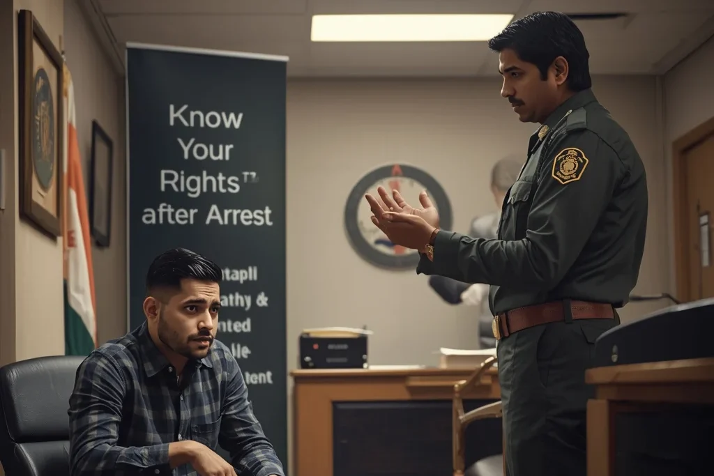Lawyer explaining rights after arrest in India to a man inside an Indian police station