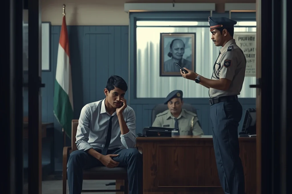 Legal rights during police arrest India concept showing lawyer helping arrested person in police station