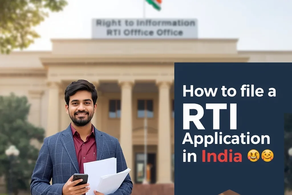 RTI Application Process in India – citizen filing Right to Information request at RTI office with online application banner.