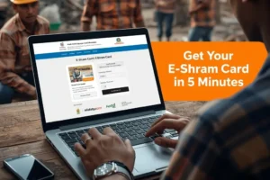 e shram card online registration process shown on official portal with Indian workers in background