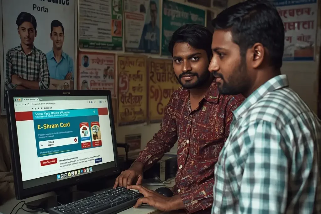 documents required for e shram card registration shown with worker applying online on eshram website