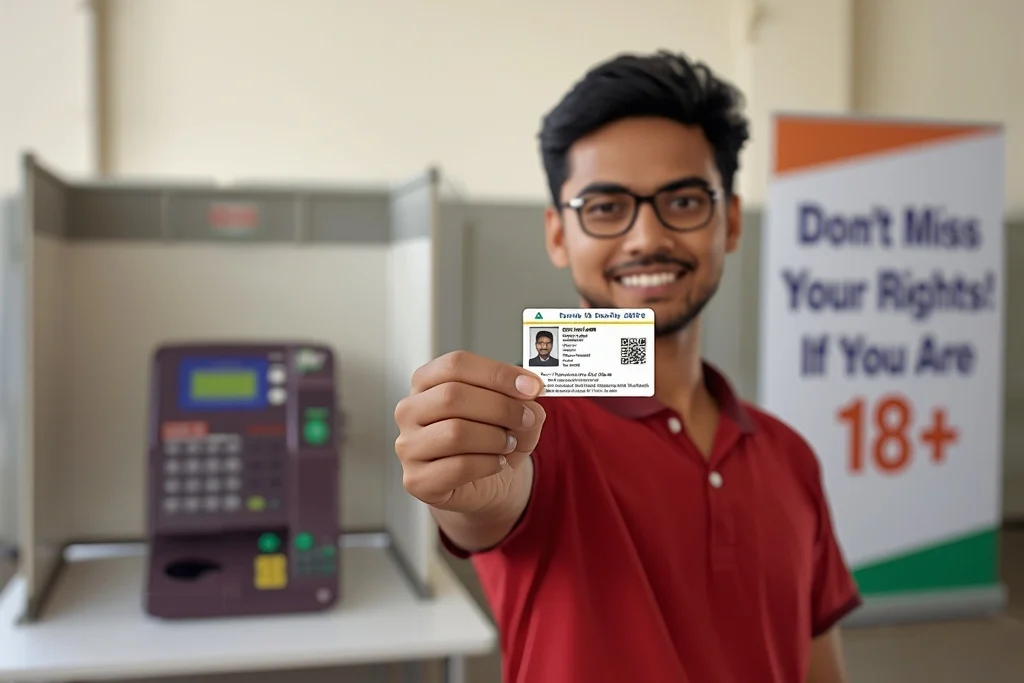 Young Indian voter showing voter card at polling booth during Voter ID Card Apply Online awareness campaign.