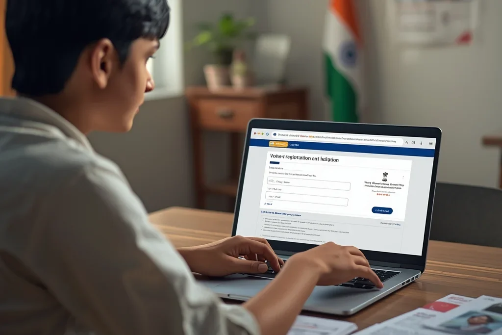 Student completing New Voter ID Card Registration Online on laptop using official voter portal at home.