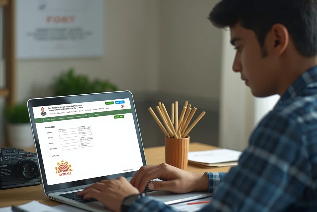 Young Indian citizen filling NVSP Voter ID Card Online Application form on laptop for voter registration.