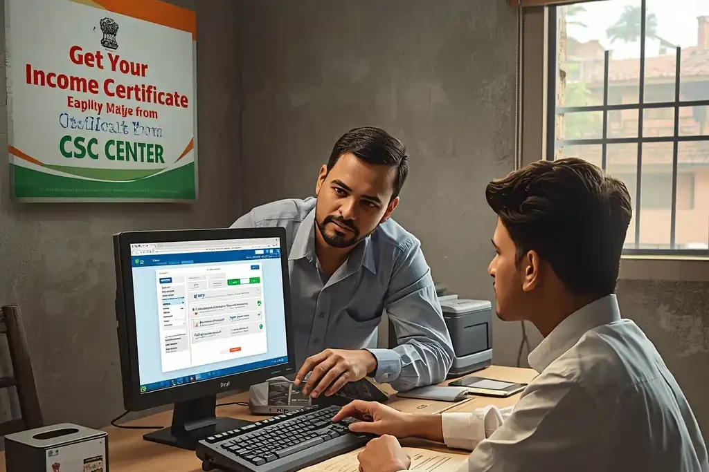 Income certificate apply online state portal displayed on computer at CSC center with user support
