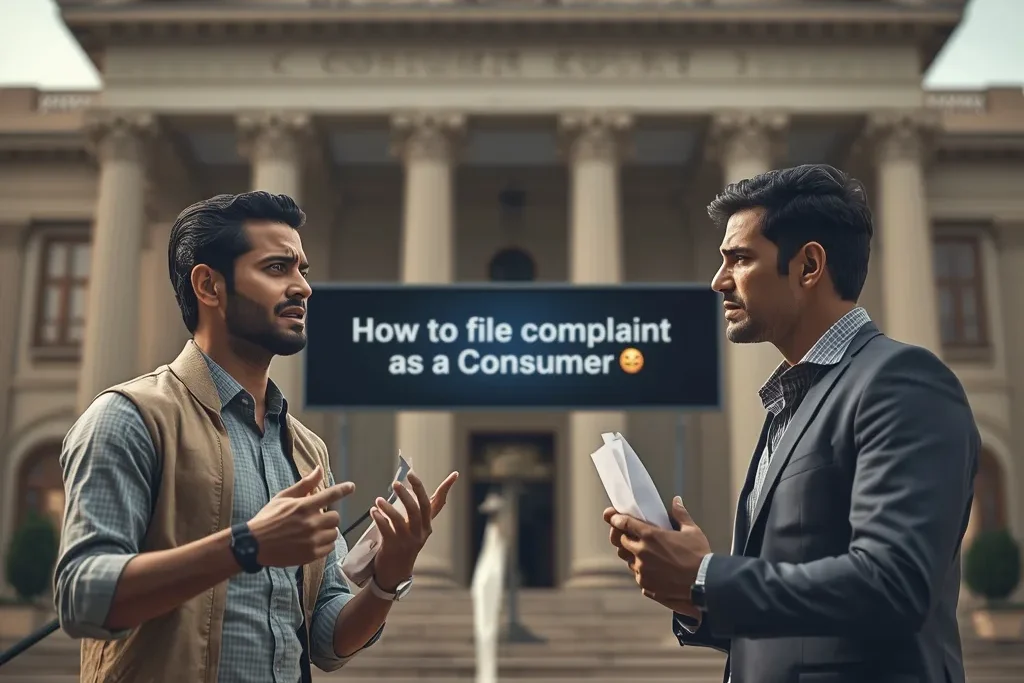 How to file complaint in Consumer Court India image showing buyer and seller dispute outside court with legal guidance banner