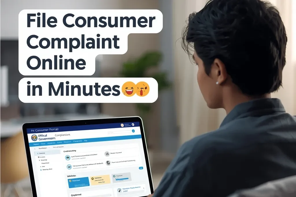 Consumer complaint online filing India image showing person submitting complaint on laptop with government portal interface