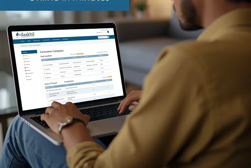 Consumer court case procedure India visual of online complaint process with documents upload and legal dashboard screen