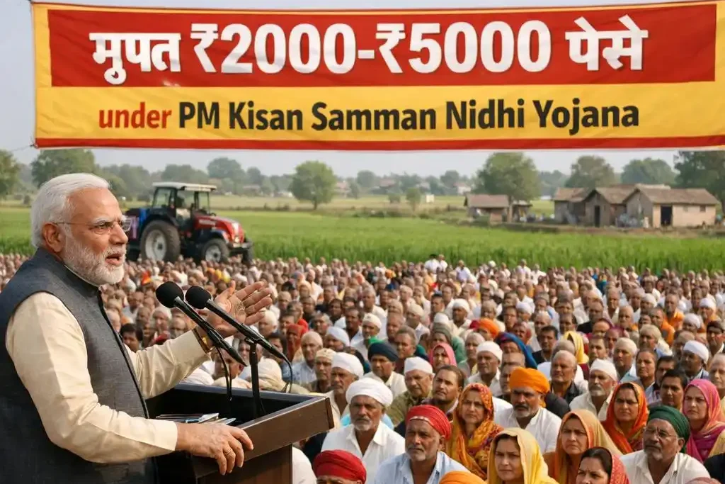 PM Kisan Samman Nidhi Scheme Guide image showing Narendra Modi addressing farmers with ₹2000-₹5000 benefit banner in rural India