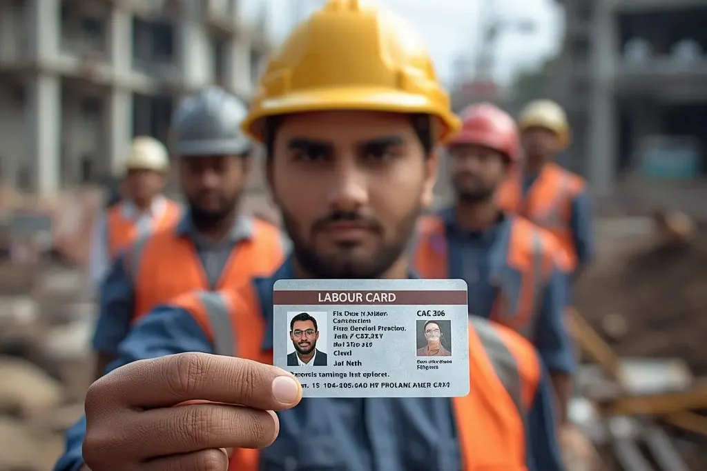 Labour Card Registration Process image showing construction workers and a person holding labour card with apply now banner