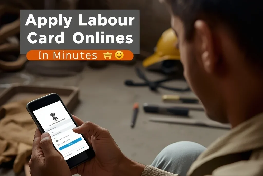 Labour Card Online Apply process on mobile showing worker filling registration form at home