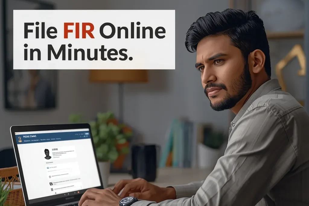 FIR online complaint India process shown with person filing police complaint using laptop at home