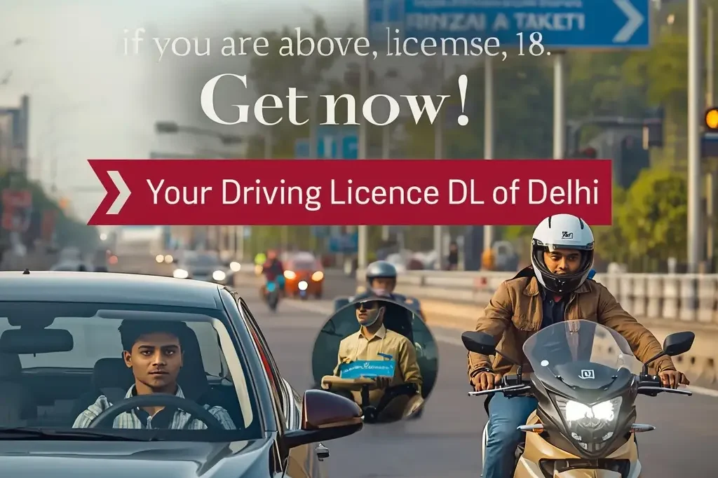 Online Driving Licence Apply Delhi – person driving car and bike with DL card banner on Delhi road scene 🚗🏍️