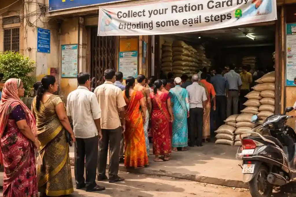 Ration Card Apply Online image showing people standing in line at an Indian ration shop collecting ration card and food grains
