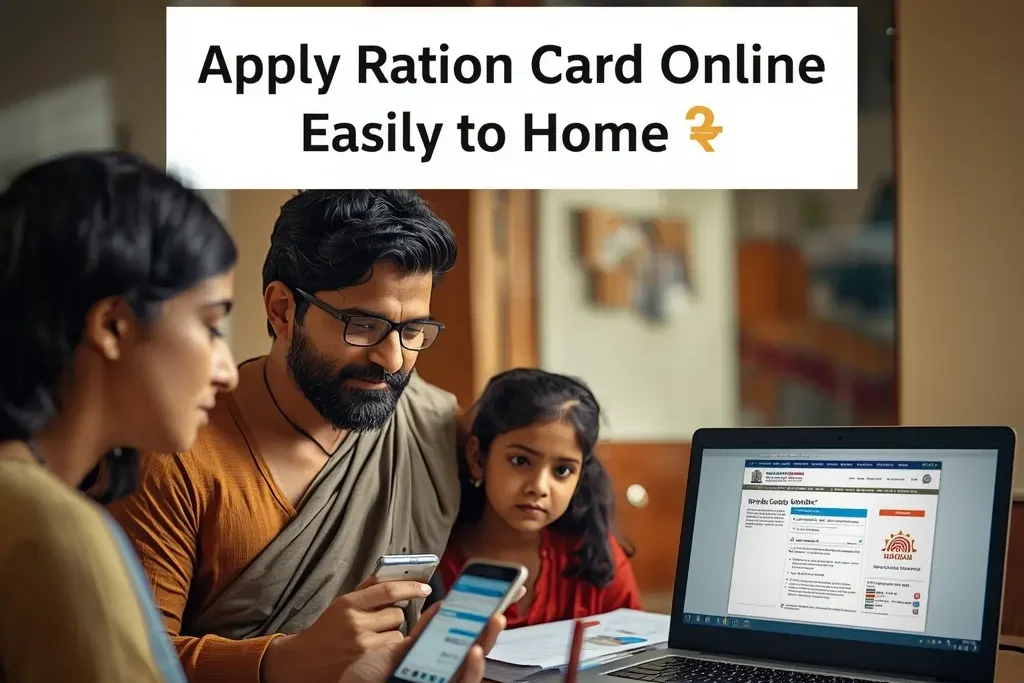 Apply for Ration Card Online India image showing family using laptop to fill ration card application form at home