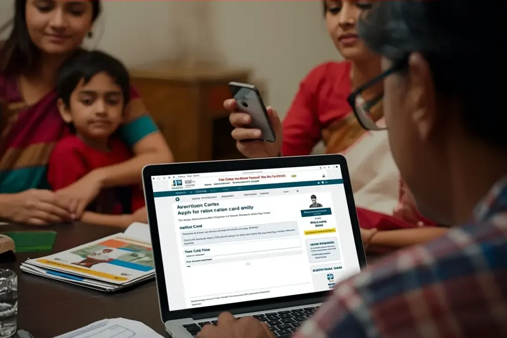 New Ration Card Registration Online image of Indian family applying digitally with documents and smartphone at home