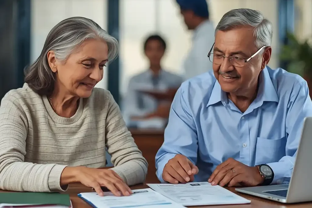 Senior citizen benefits India showing old couple receiving financial support and guidance for pension schemes