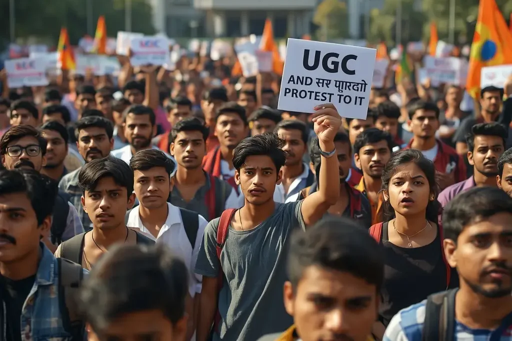 Students protesting outside university campus with banner on education reforms – New UGC Rules Explained