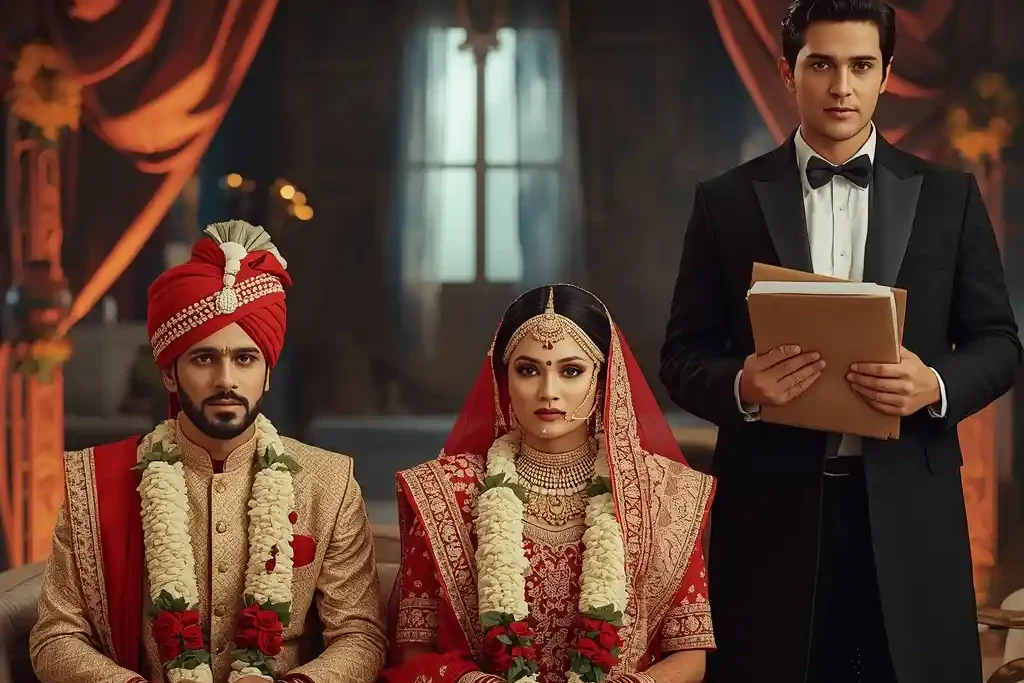 Indian couple wedding with lawyer holding certificate showing Marriage Registration Process in India