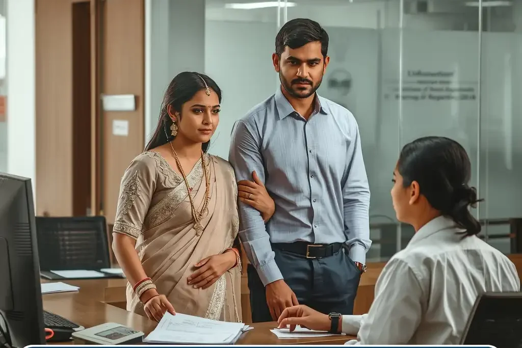 Bride and groom at government office completing How to Register Marriage in India procedure