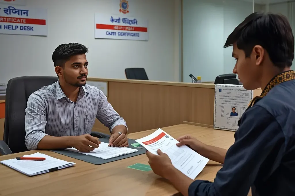 Caste Certificate Application Process India – applicant submitting documents at government office help desk