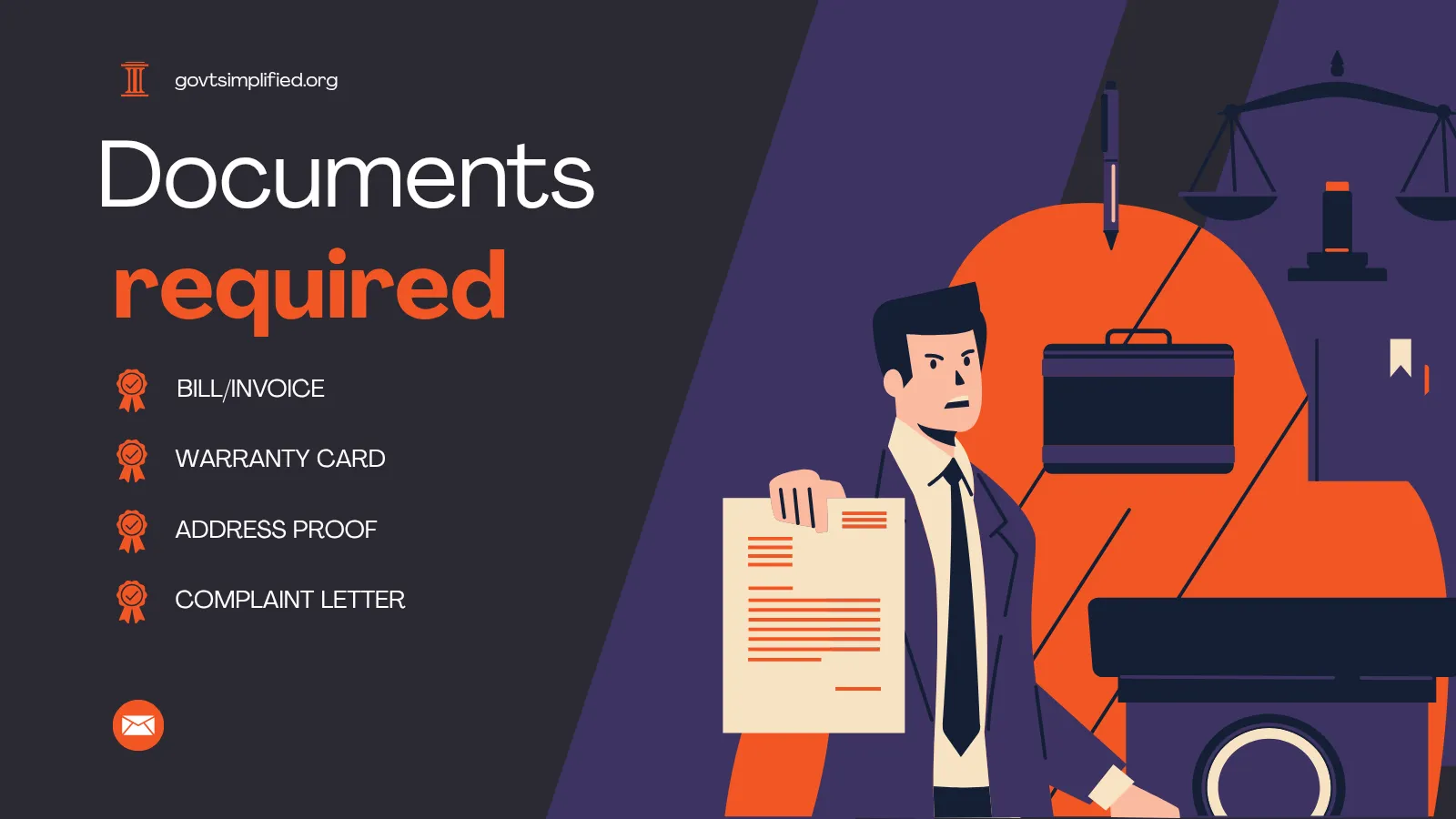 Consumer court case procedure India visual of online complaint process with documents upload and legal dashboard screen