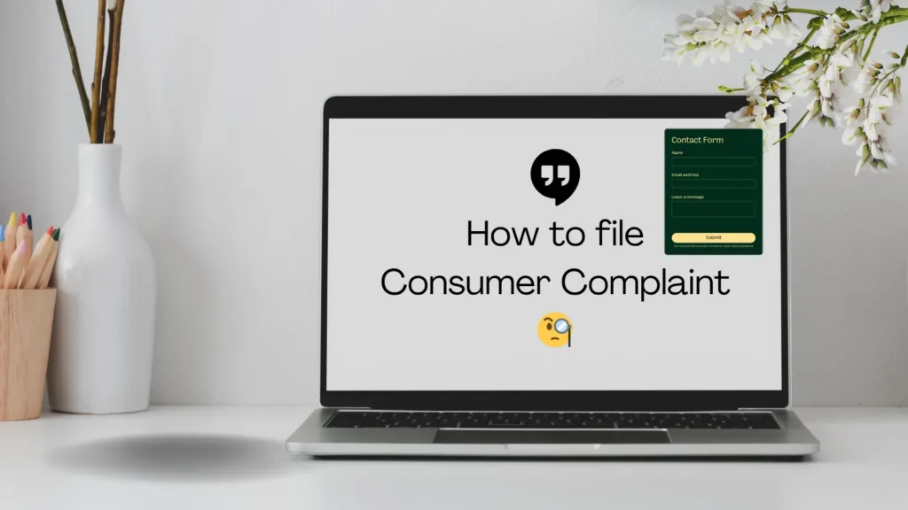 How to file complaint in Consumer Court India image showing buyer and seller dispute outside court with legal guidance banner