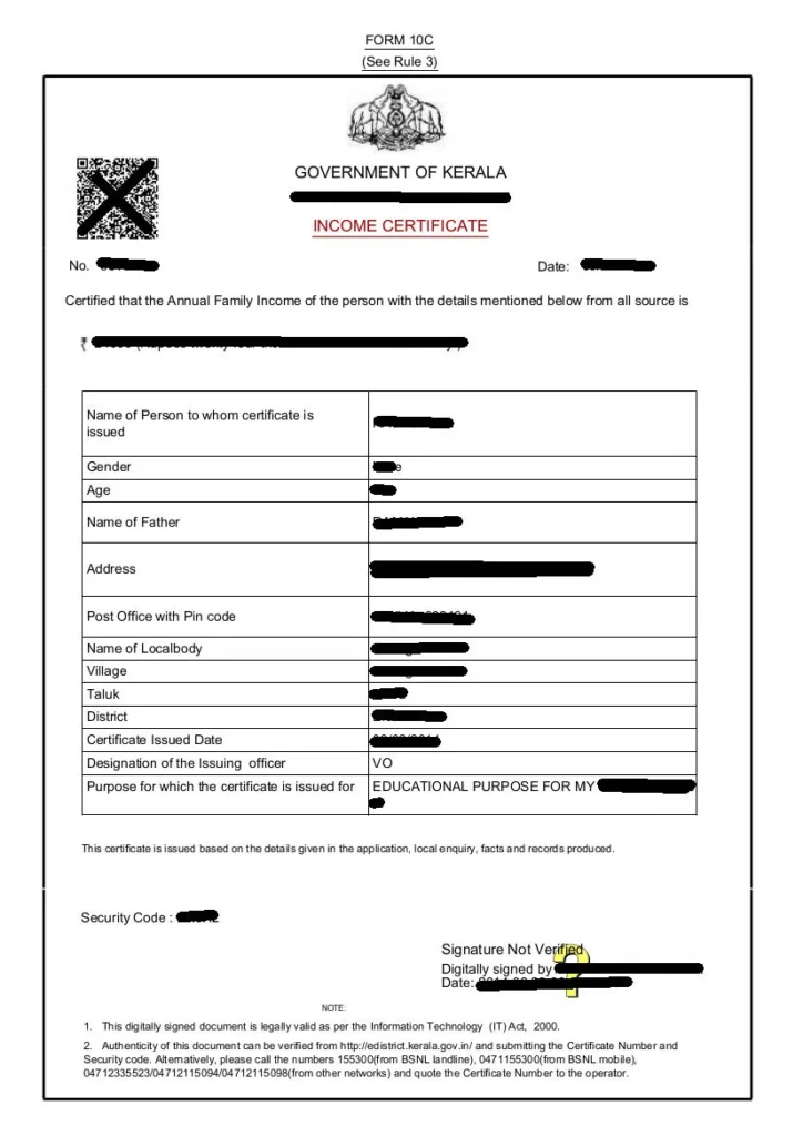 A sample image of official document (Income certificate) 