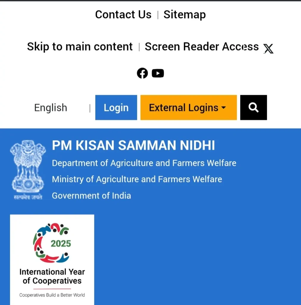 A screenshot of official PM Kishan Samman Nidhi Yojana Website. Show the primary interface of the portal.