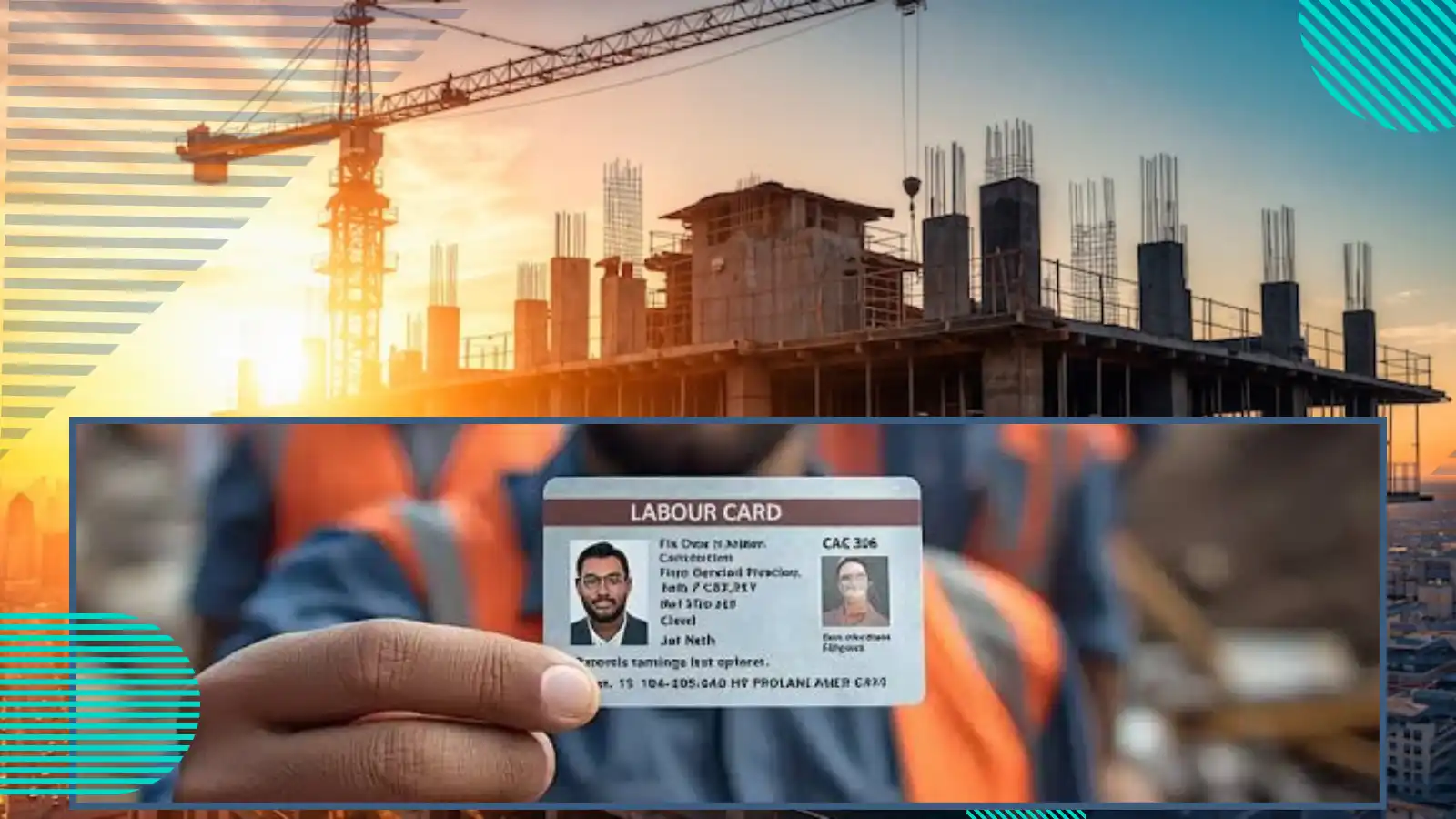 Labour Card Registration Process image showing construction workers and a person holding labour card with apply now banner