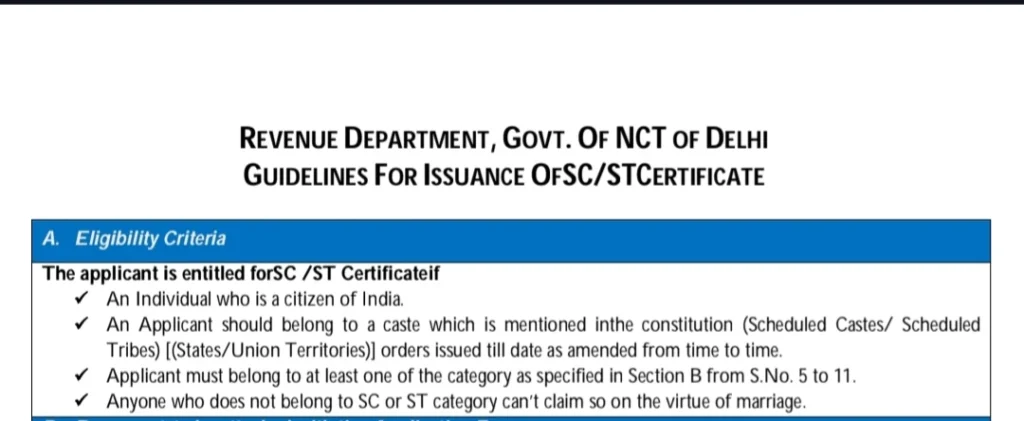 Eligibility criteria of Caste Certificate for Sc/St which followed by government of India