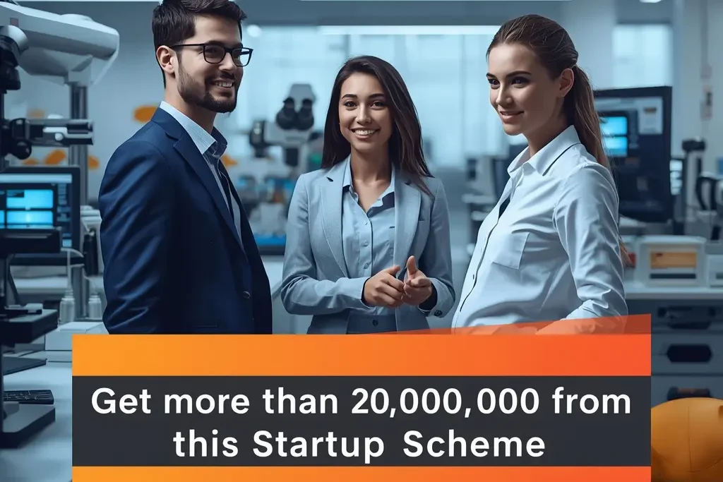 Startup India Scheme Benefits showing two professionals in a scientific startup lab promoting ₹20 lakh government startup funding scheme