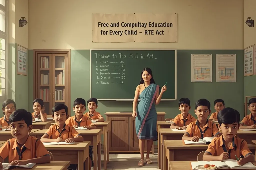 Free and compulsory education India classroom scene with students studying under RTE Act
