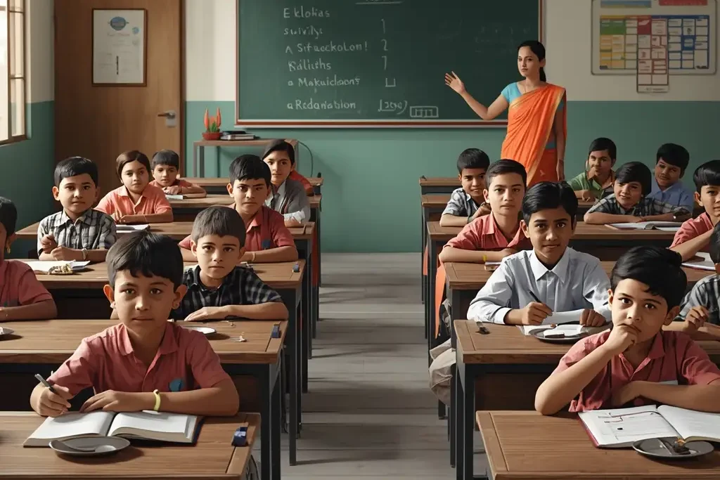 RTE Act key features shown in Indian school classroom with teacher and students learning together