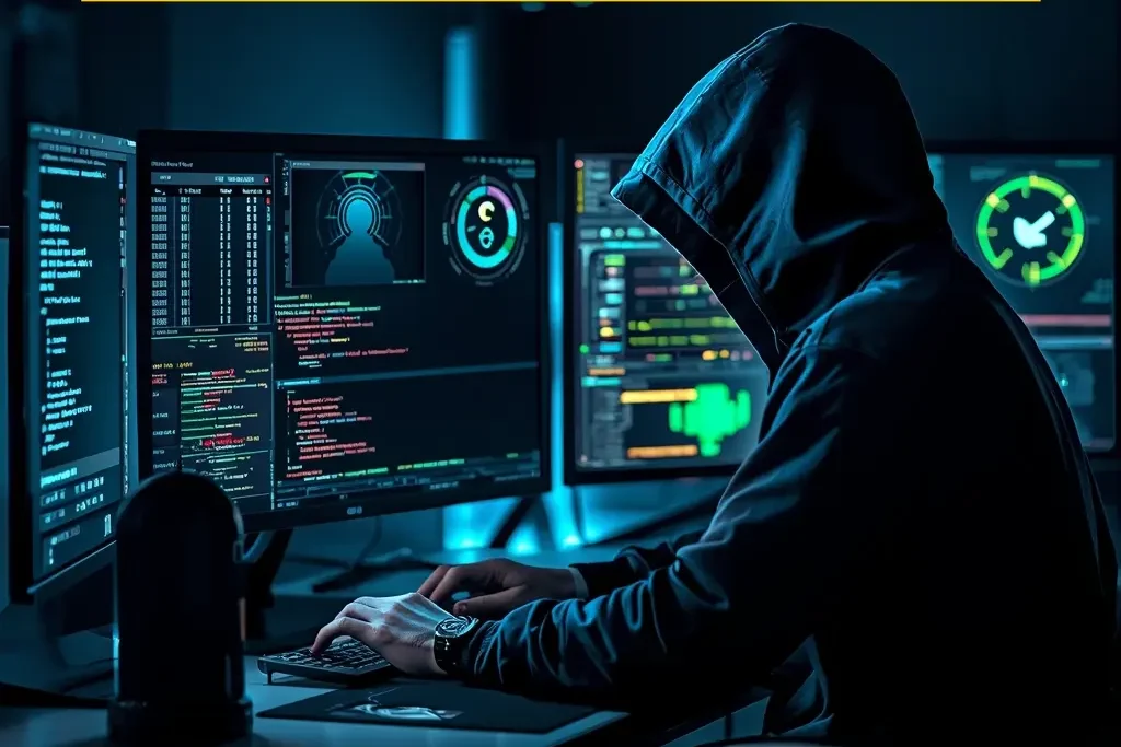 Cyber Crime Complaint Process India concept showing hacker working on computer with cybersecurity warning